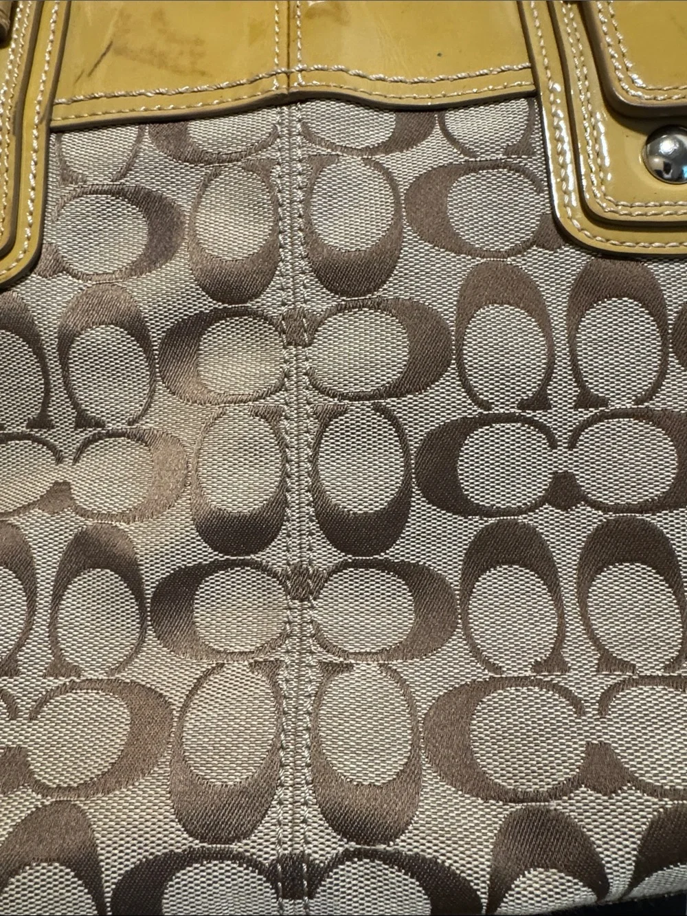 Coach Brown Signature Tote with Yellow Patent Trim